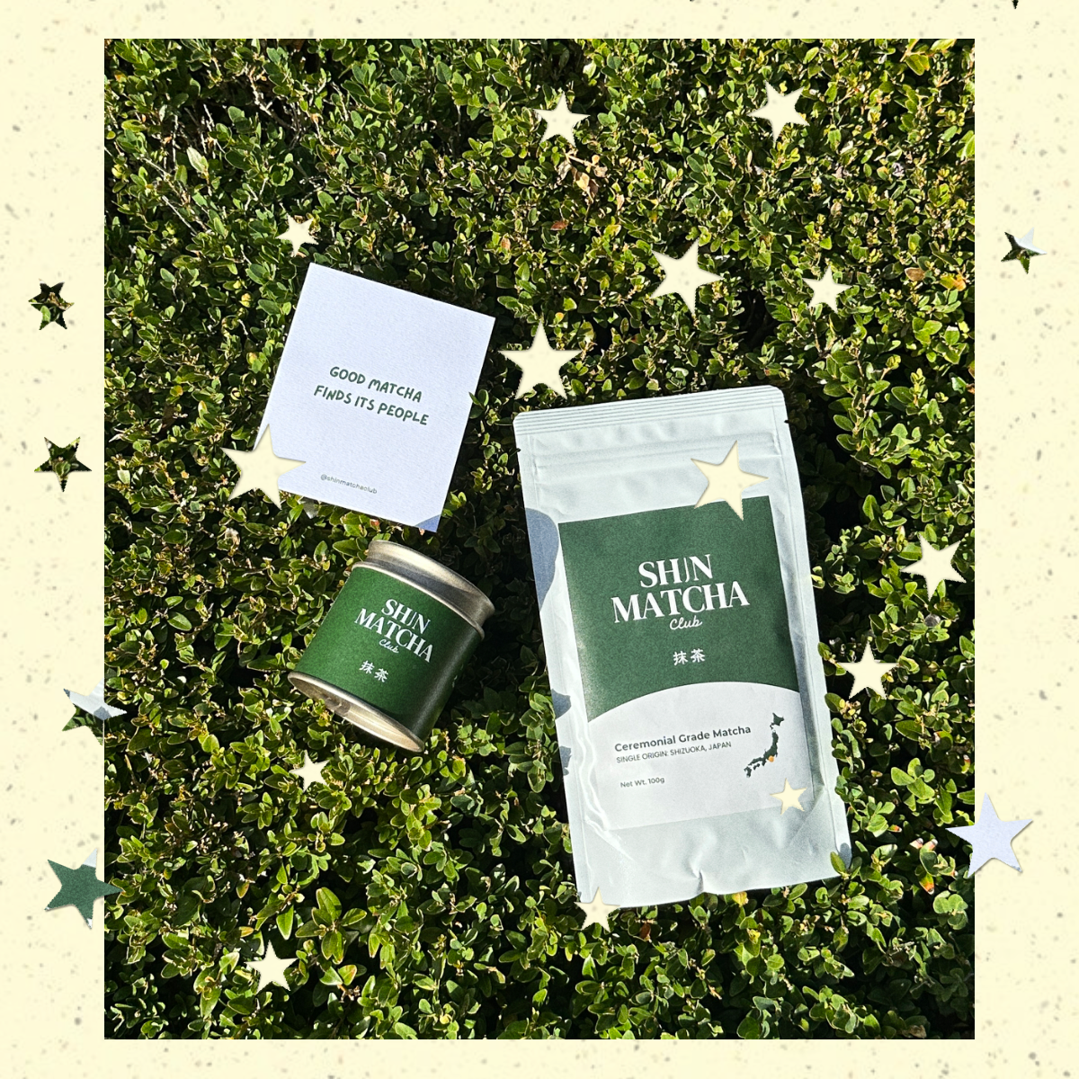A styled flat-lay of a Shin Matcha Club canister and a matching pouch placed on green foliage, with a small card in between. The scene is framed by a cream border decorated with star illustrations.